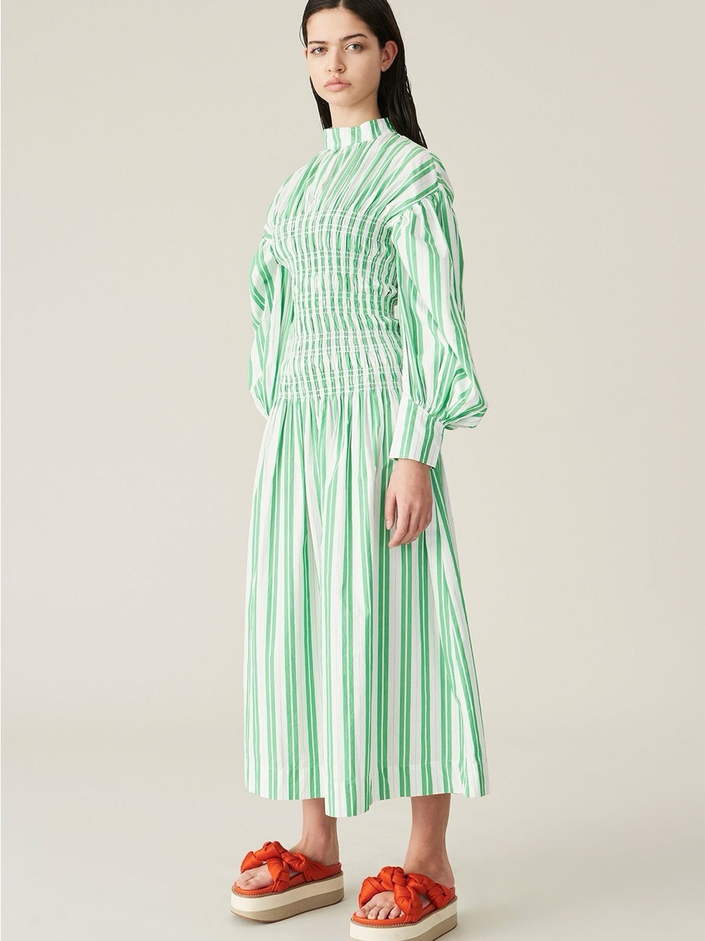 Ganni Green and White Striped Maxi Dress with Smocked Waist